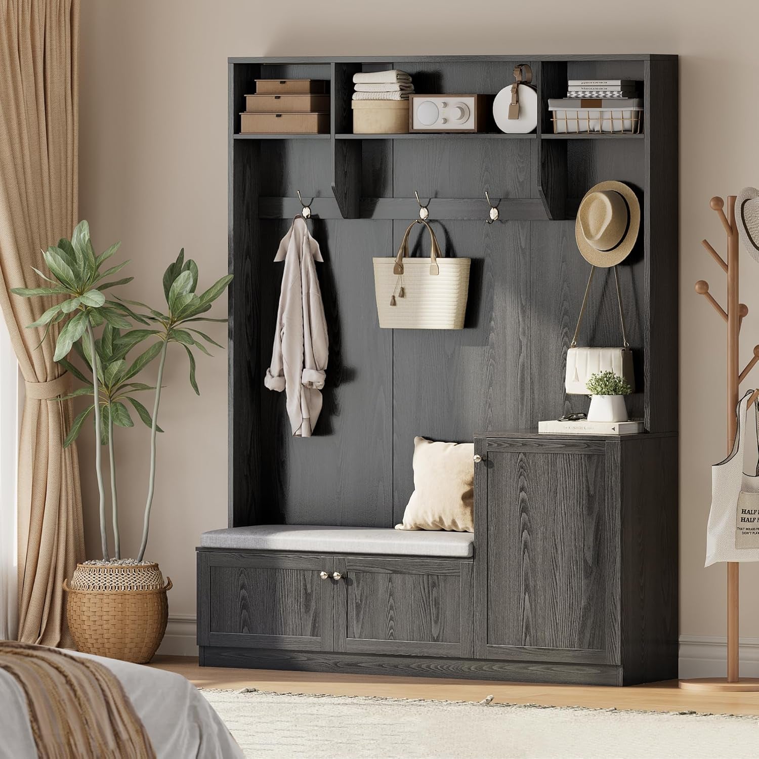 79 in Hall Tree, 5-In-1 Modern Entryway Bench with Coat Rack & Storage, Hall Tree with 4 Hanging Hooks, 3 Open Compartments & Adjustable Shelf, Coat Rack Freestanding for Entryway, Living Room, Black