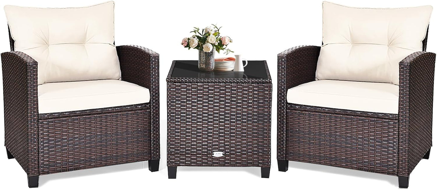 3 Piece Patio Furniture Set, Outdoor Conversation Set with Washable Cushions & Tempered Glass Tabletop, PE Rattan Wicker Bistro Set for Porch, Garden, Balcony (White)