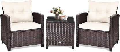 3 Piece Patio Furniture Set, Outdoor Conversation Set with Washable Cushions & Tempered Glass Tabletop, PE Rattan Wicker Bistro Set for Porch, Garden, Balcony (White)