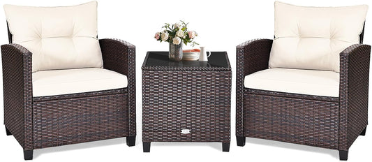 3 Piece Patio Furniture Set, Outdoor Conversation Set with Washable Cushions & Tempered Glass Tabletop, PE Rattan Wicker Bistro Set for Porch, Garden, Balcony (White)