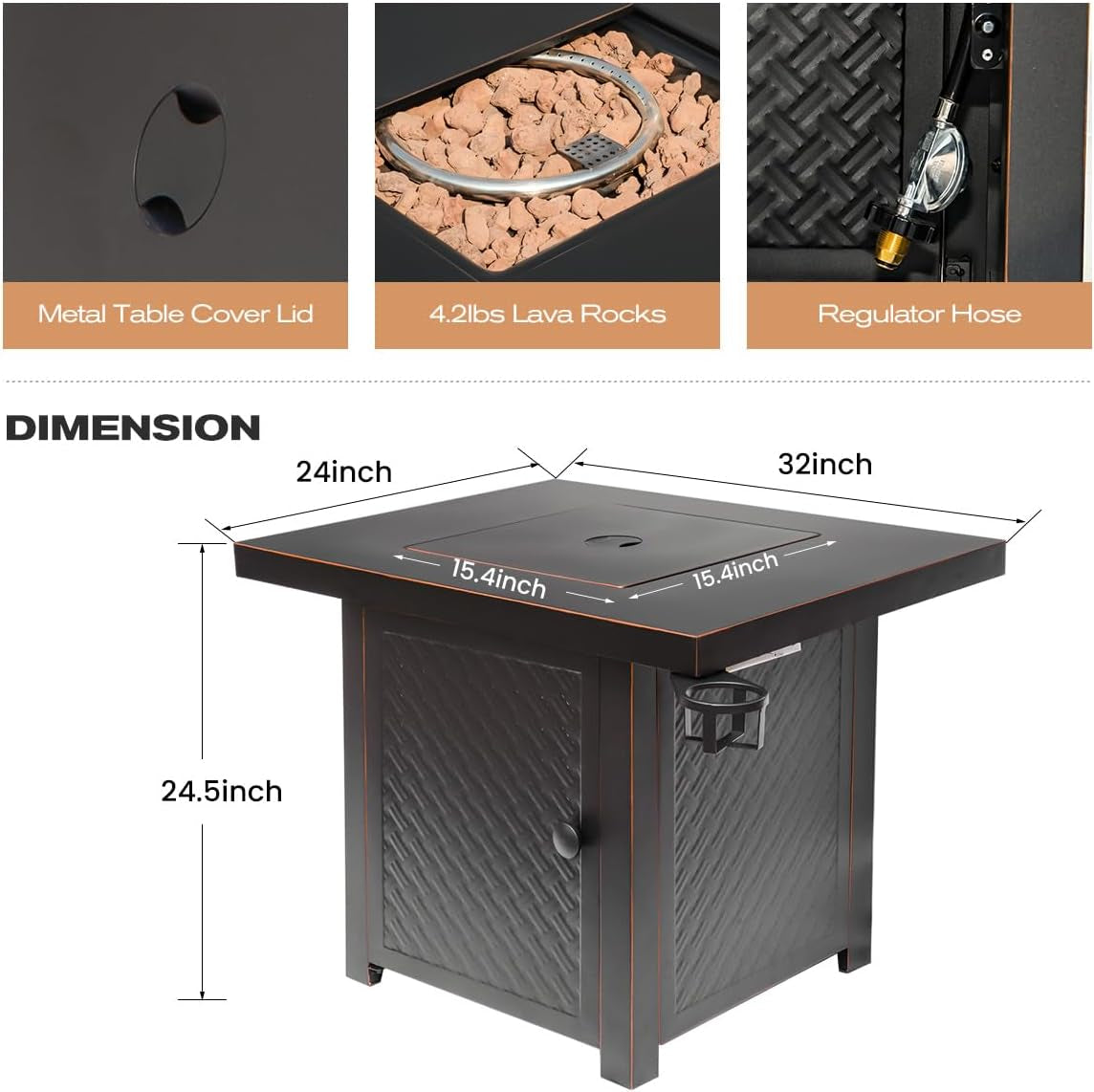 32'' Propane Fire Pit,50000 BTU Gas Firepit Table with 2 Drink Holders, Lid & Lava Rock,Csa Certified Outdoor Fire Pit Table for Dining or Party,Propane Firepits for Outside,Patio,Yard