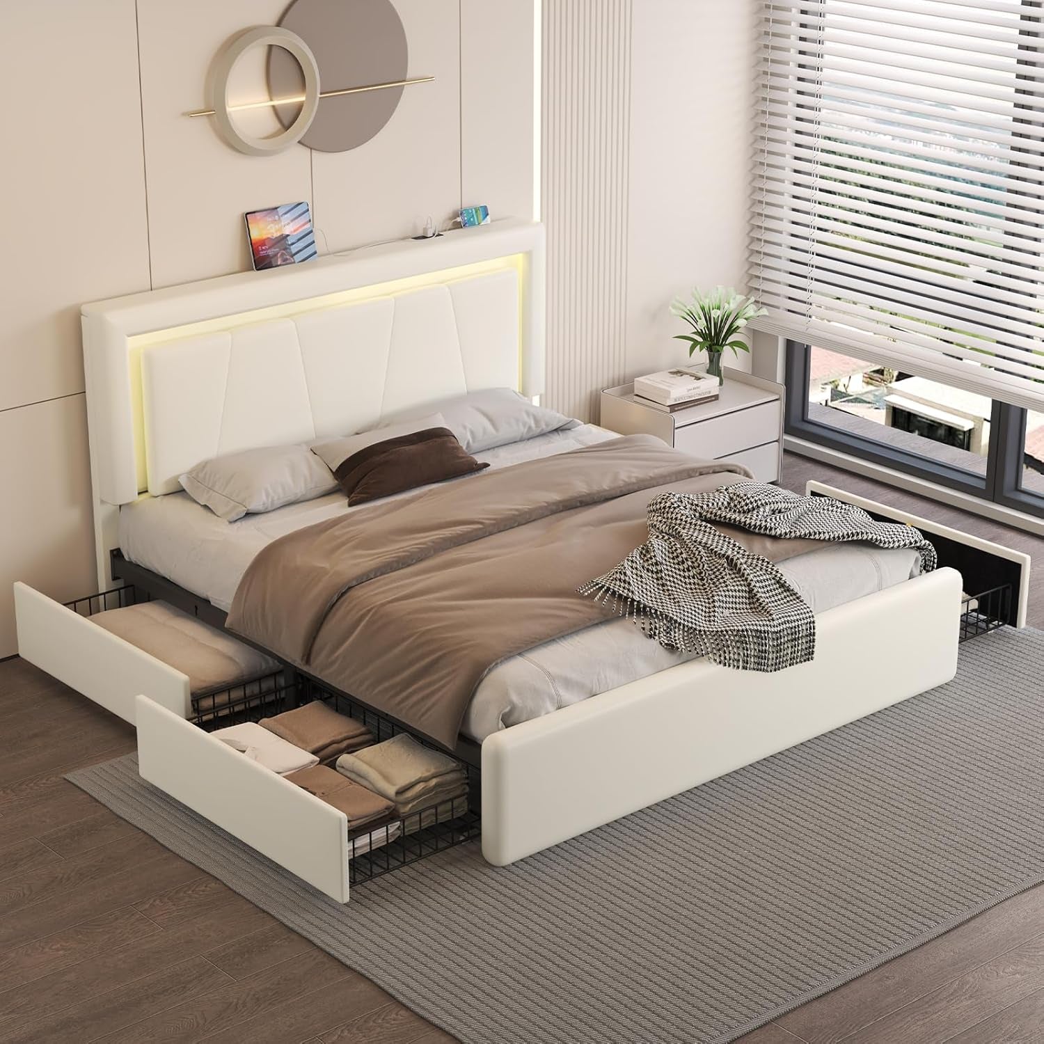 Full Size Bed Frame with 4 Storage Drawers and LED Lights, Upholstered Platform Bed with Adjustable Headboard and Charging Station, Metal Slats Support, No Box Spring Needed,Easy Assembly, White