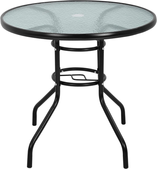 32In Outdoor Table Patio Dining Table Outdoor Dining Table with Umbrella Hole round Tempered Glass for Yard Bistro Lawn Balcony