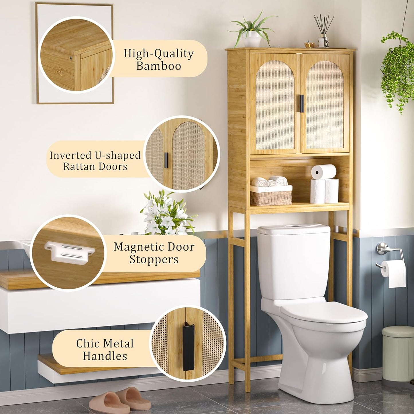 Bamboo over the Toilet Storage Cabinet, Bathroom Organizers and Storage with Inverted U-Shaped Door & Anti-Tip Device, Space Saver, Natural