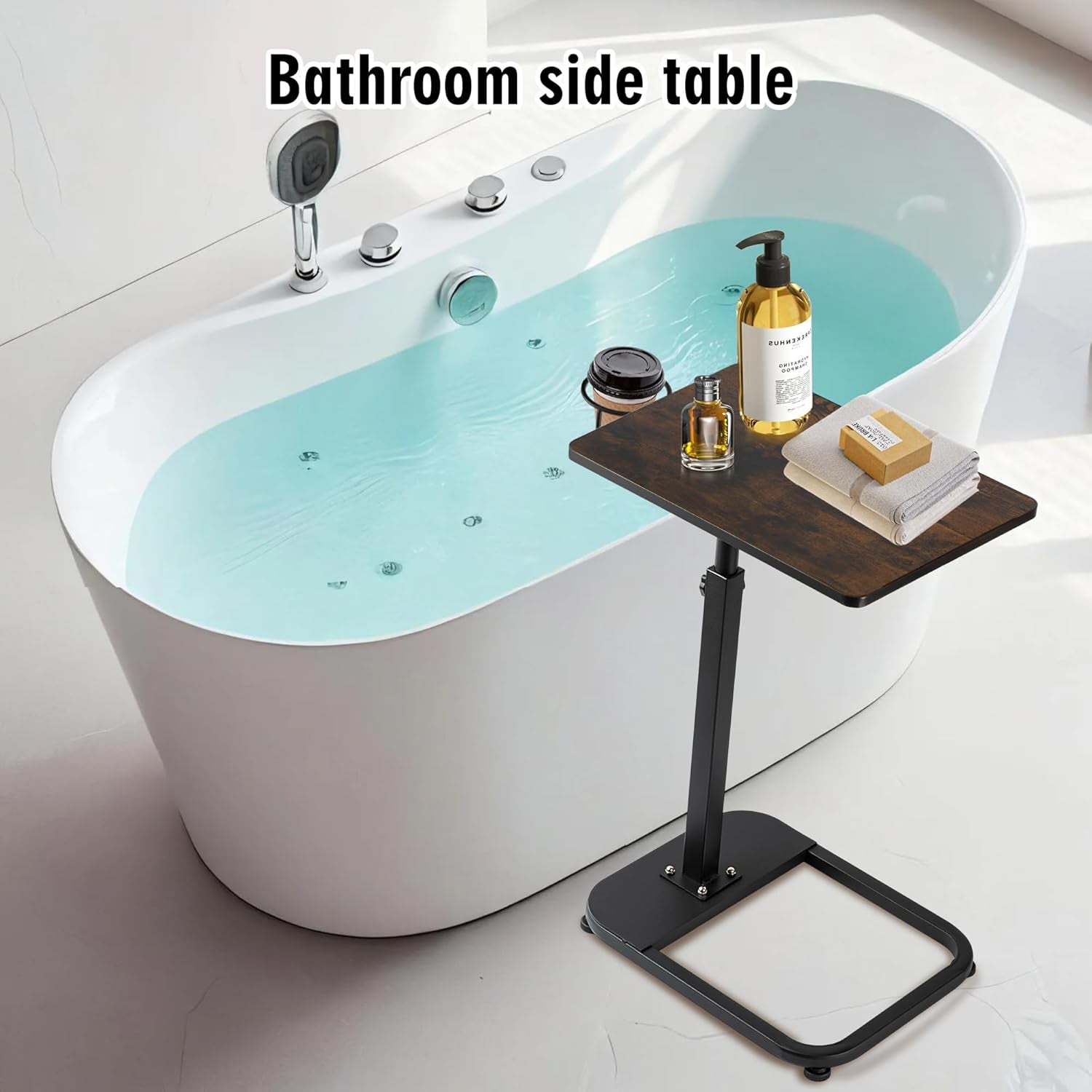 Adjustable TV Tray Table with Rounded Metal Corners, C-Shaped Snack Table for Couch, Sofa, Bed or Chair, Small Space Side Table for Eating, Dinner, or Laptop Use