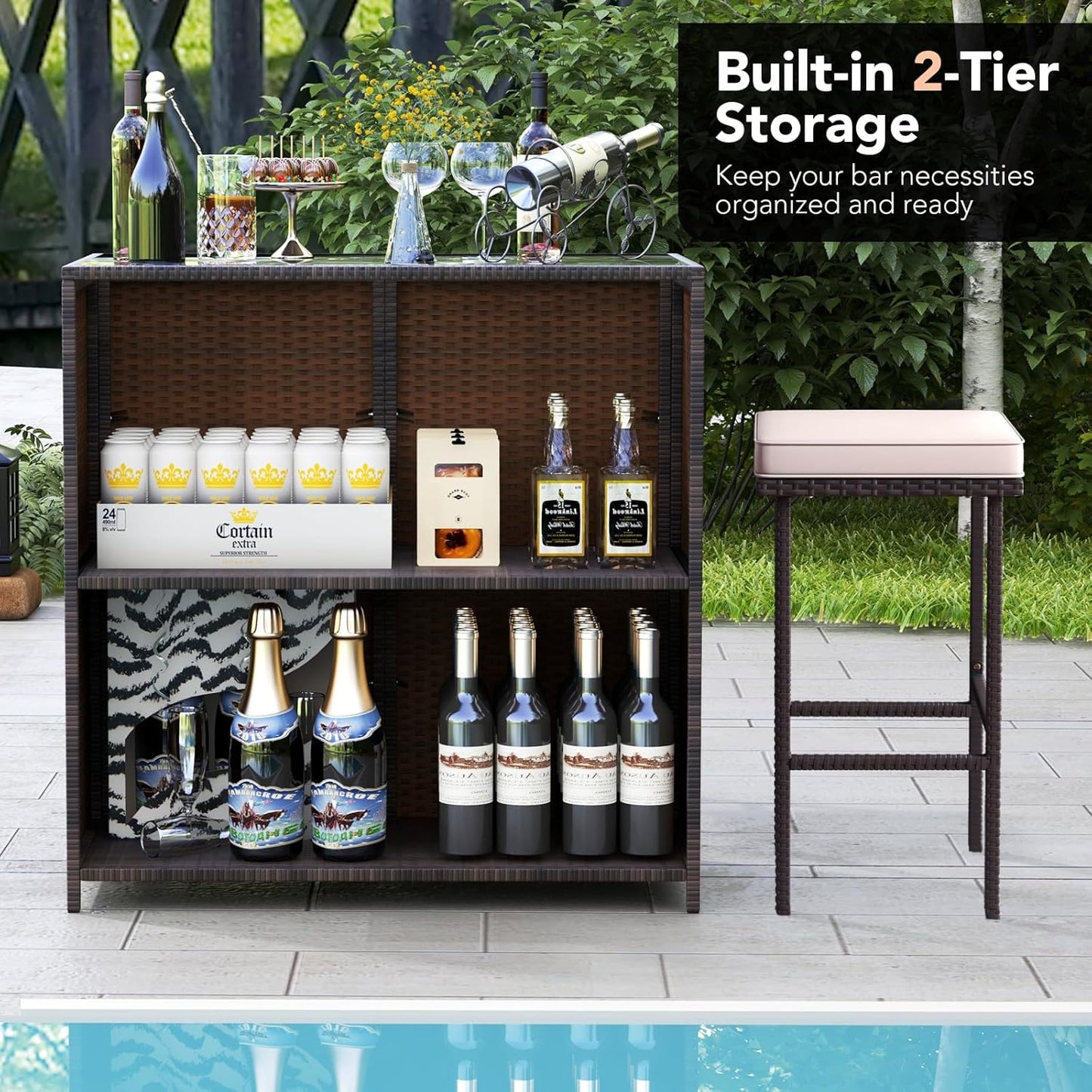 3 Piece Patio Bar Set, Outdoor Rattan Bar Table and 2 Stools with Tempered Glass Tabletop, 2-Tier Storage, Removable Cushions, outside Wicker Conversation Set