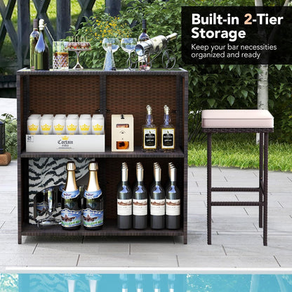 3 Piece Patio Bar Set, Outdoor Rattan Bar Table and 2 Stools with Tempered Glass Tabletop, 2-Tier Storage, Removable Cushions, outside Wicker Conversation Set