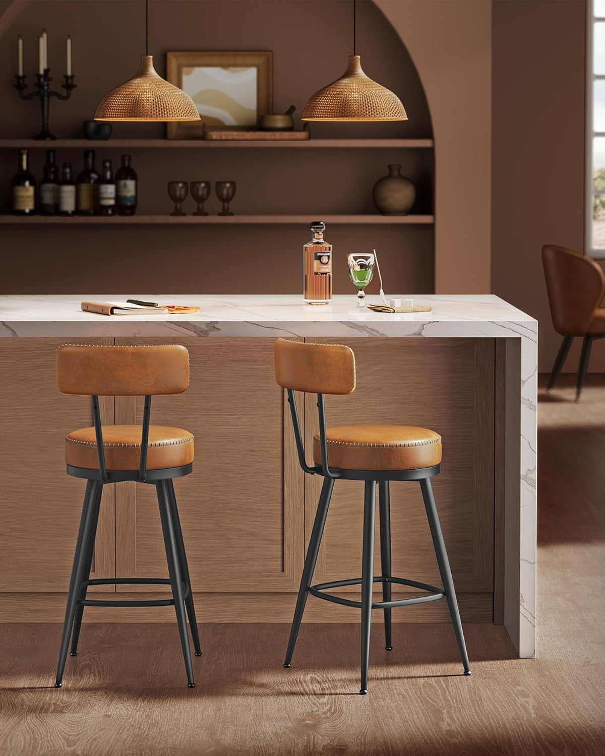 EKHO Collection - Bar Stools Set of 2, Swivel Counter Height Bar Stools with Back, Synthetic Leather with Stitching, Mid-Century Modern, 25.6-Inch Tall Barstools for Kitchen Bar, Caramel Brown