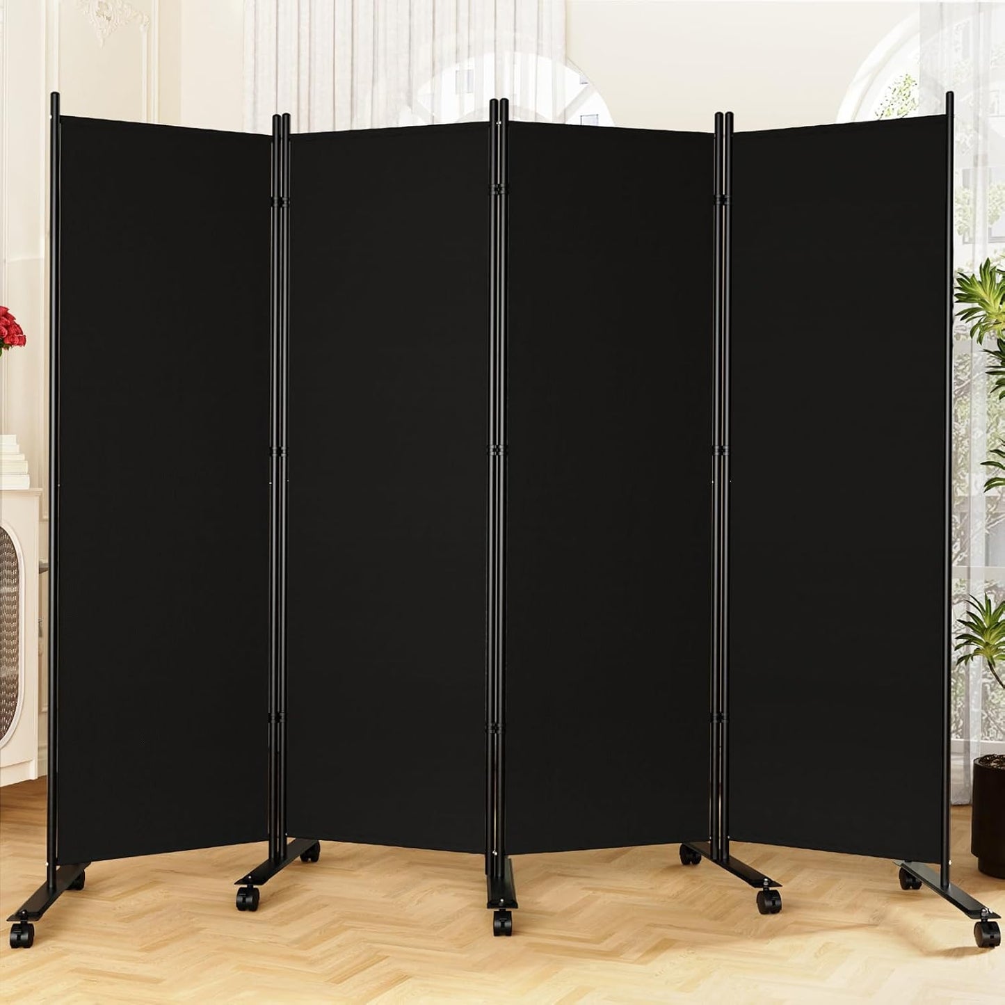 Room Divider 6FT Folding Privacy Screens with Lockable Wheels, 4 Panel Room Partition for Room Separator, 88" W Freestanding Portable Fabric Wall Dividers for Home Dorm Studio Office, Black