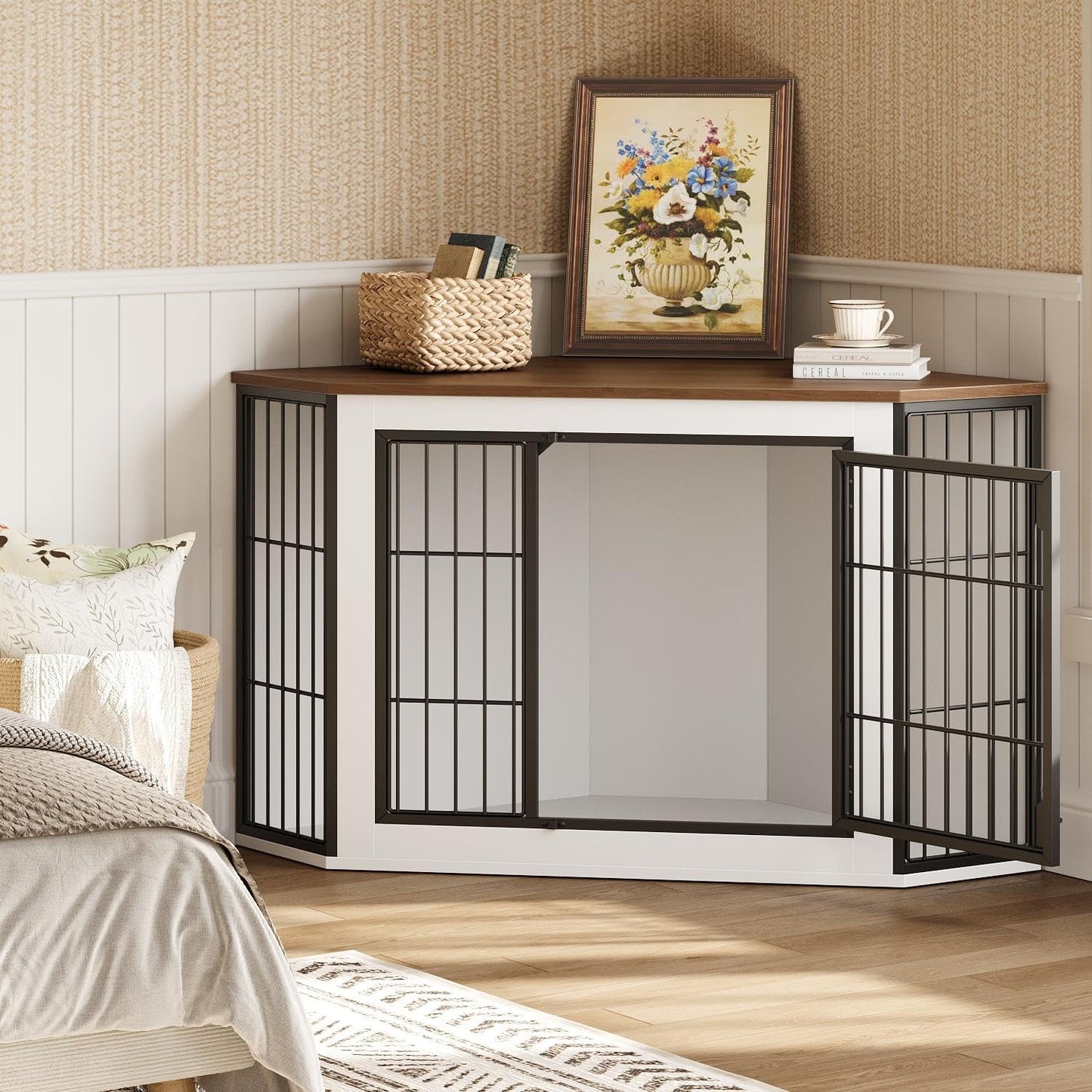 Corner Dog Crate Furniture, Decorative Dog Kennel End Table, Farmhouse Dog Crate TV Stand for Small and Medium Dogs, Walnut, White and Black BWH90GW03