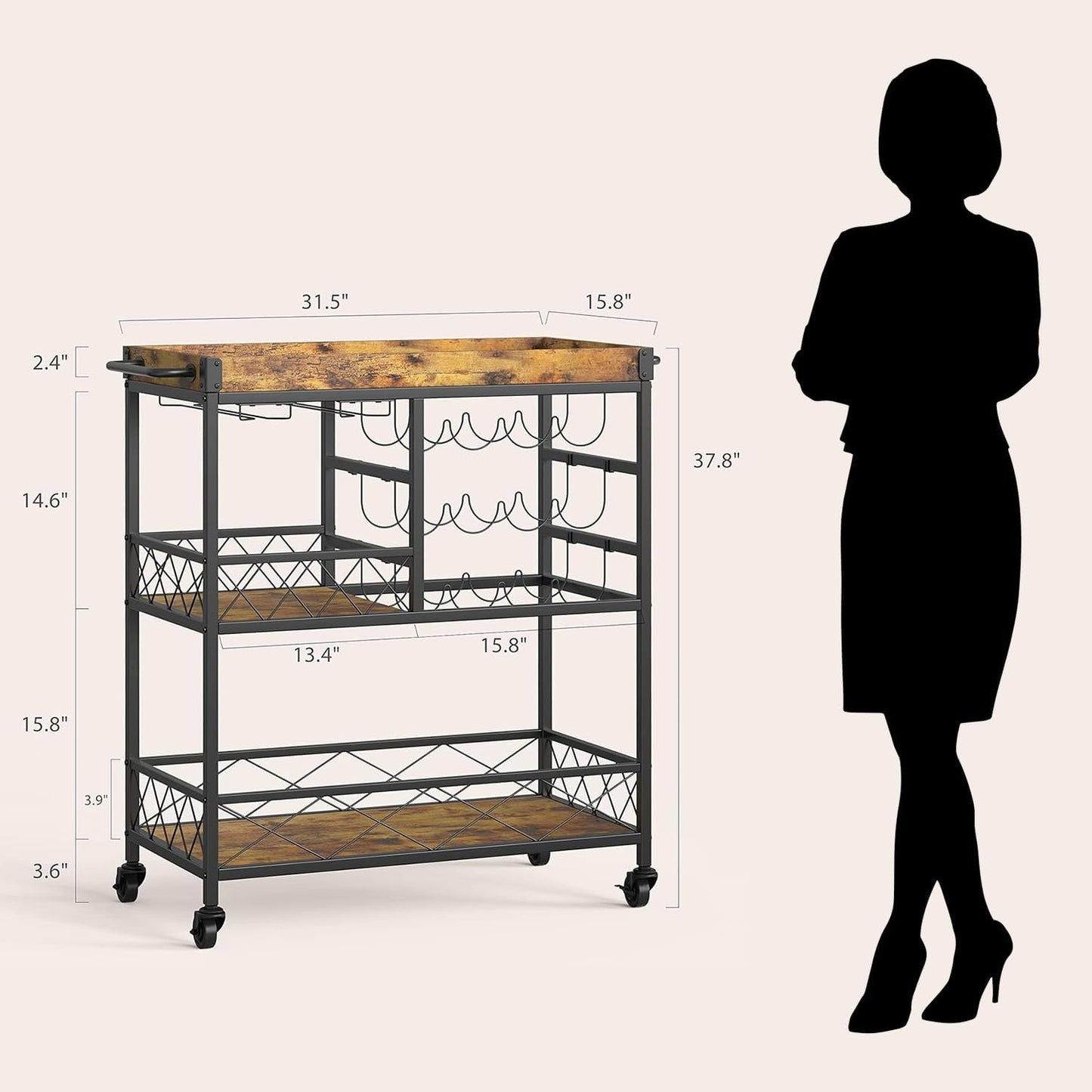 Bar Cart, 3 Tier Coffee Cart with Lockable Wheels, 12-Bottle Wine Rack, and Hanging Glass Holder, Kitchen Rack with Removable Tray, for Kitchen, Dining Room, Entertaining, Club Party,Retro