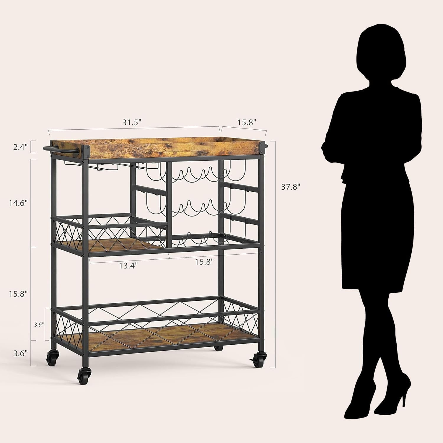 Bar Cart, 3 Tier Coffee Cart with Lockable Wheels, 12-Bottle Wine Rack, and Hanging Glass Holder, Kitchen Rack with Removable Tray, for Kitchen, Dining Room, Entertaining, Club Party,Retro