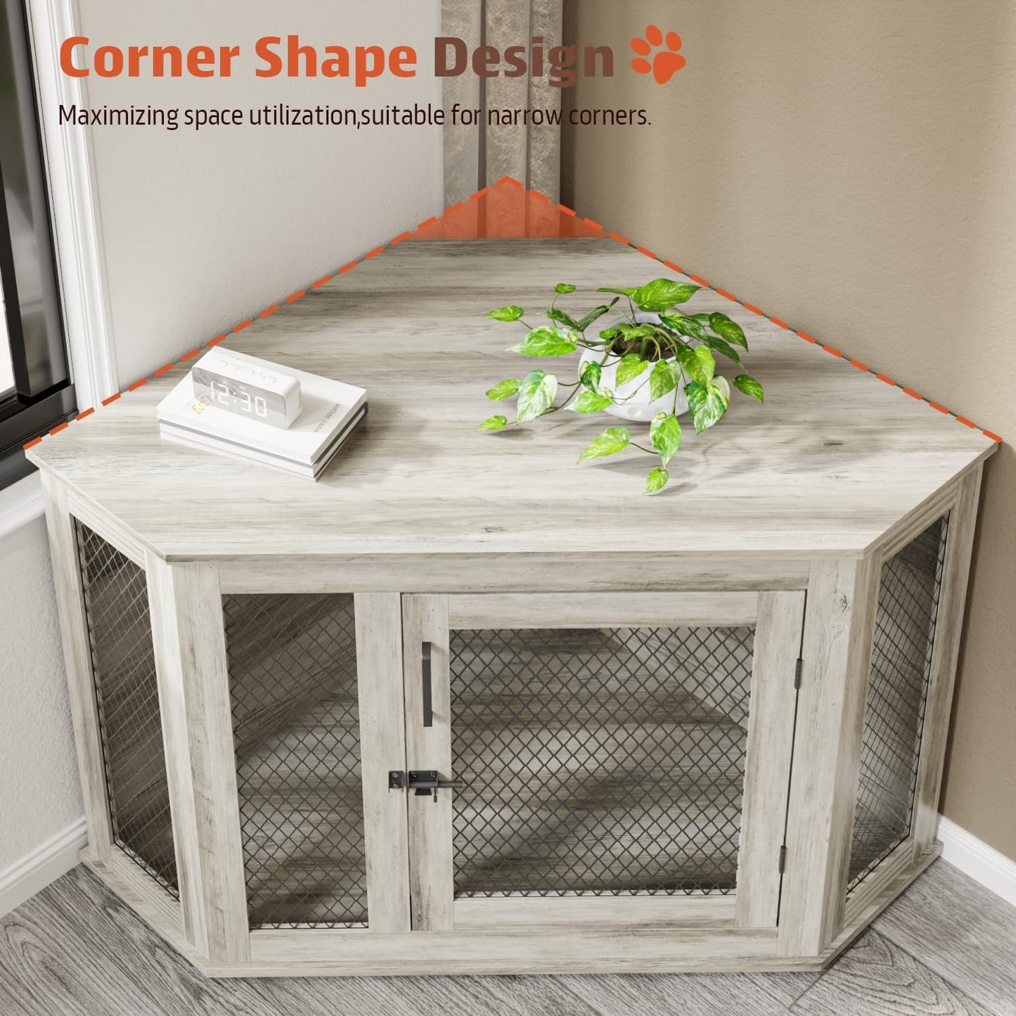52 Inch Corner Dog Crate Furniture,Wooden Dog Kennel Furniture with Mesh,Decorative Wood Dog House for Small/Medium/Large Dog,Perfect for Indoor Limited Room