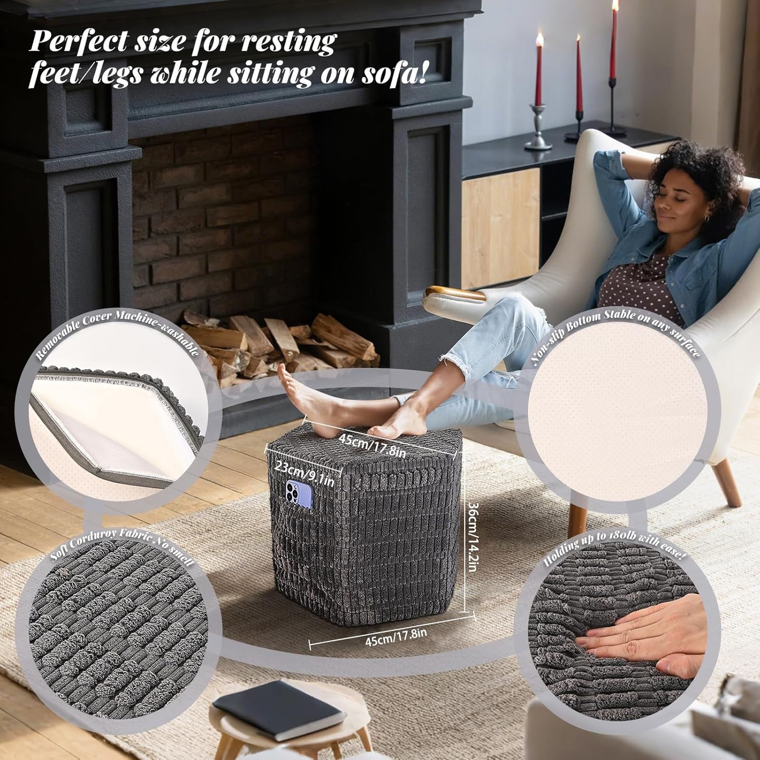 Hexagon Pouf Ottoman Stuffed with 2 Pockets & Handle, Comfort Corduroy Poufs, Non-Slip Foot Stool Storage Ottoman, Foam Floor Poufs Foot Rest for Couch, Bedroom (Gray)