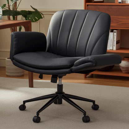 Criss Cross Chair with Five-Level Adjustable Arms and Wheels - Comfortable Ergonomic PU Leather Swivel Vanity Chair - Computer Makeup Gaming Chair for Home Office, Bedroom, Living Room (Black)