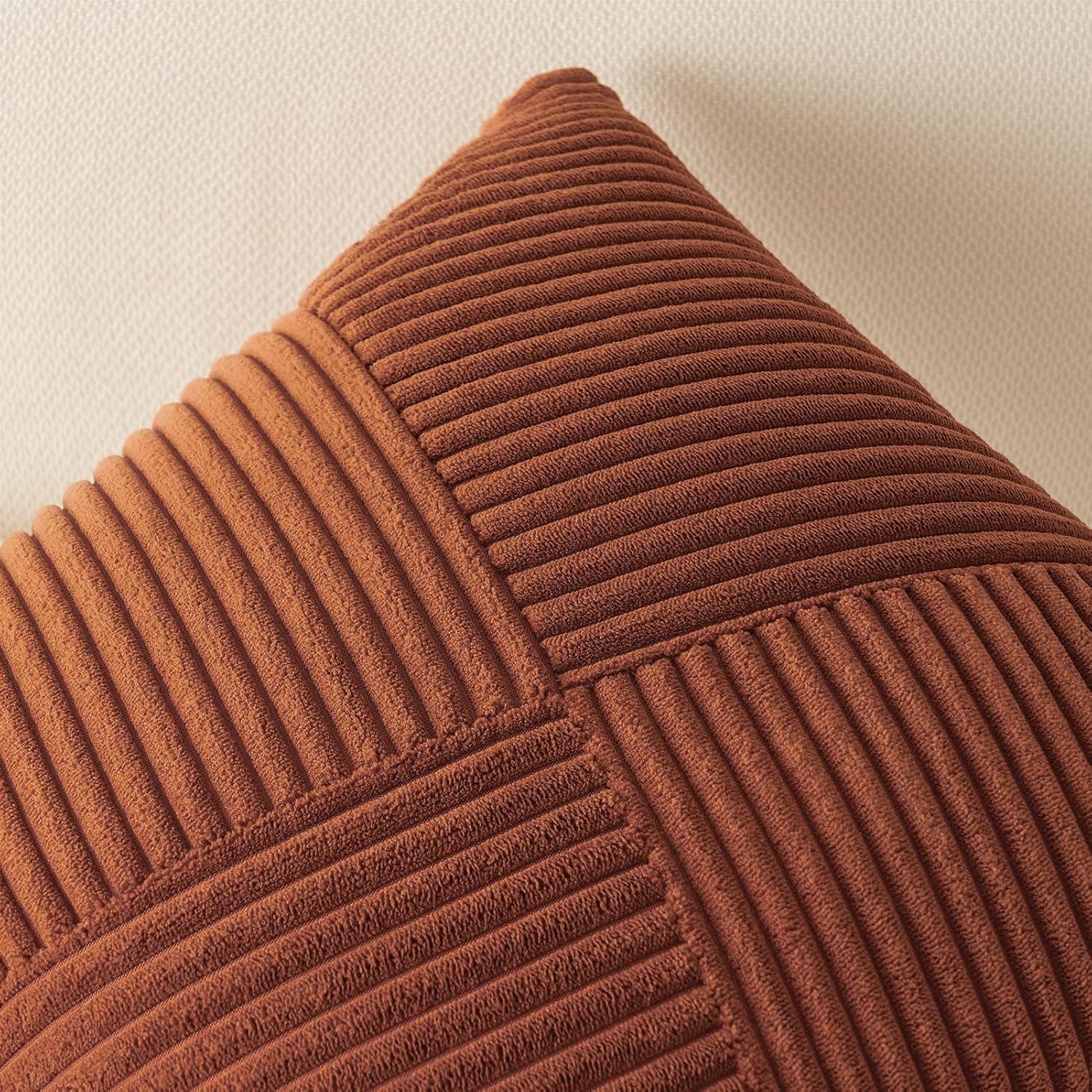 Set of 2 Decorative Terracotta Throw Pillow Covers 18X18 Inch for Couch Sofa Bed, Farmhouse Boho Rustic Home Decor,Soft Corduroy Windmill Textured Striped Patchwork Cushion Cases