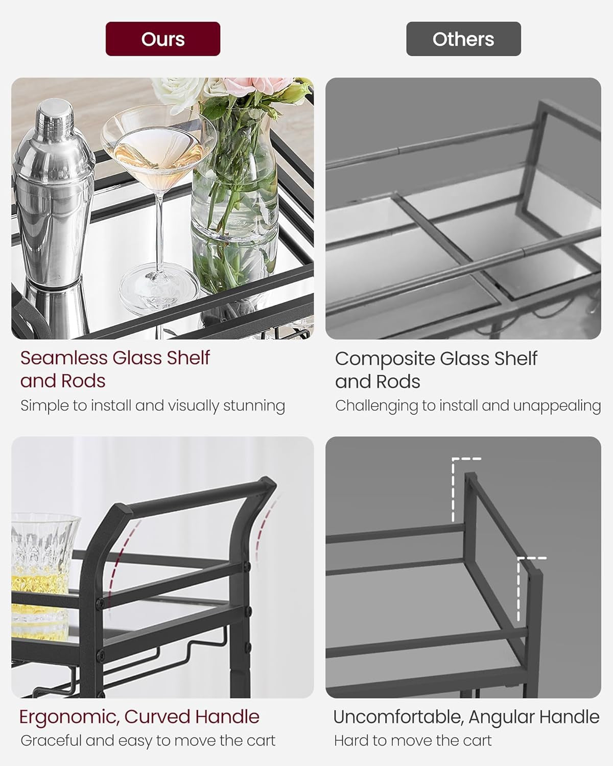 Bar Cart, Home Bar Serving Cart, Small Bar Serving Cart with 3-Tier Shelf, Wine Holders, Glass Holders, Mini Bar Cart for Small Spaces, Kitchen, Dining Room, Living Room, Ink Black