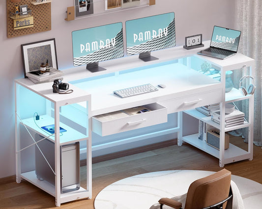 58 Inch Computer Desk with Monitor Stand and Shelves Gaming Desk with LED Lights & Power Outlets PC Vanity Table with 2 Drawers for Home Office White