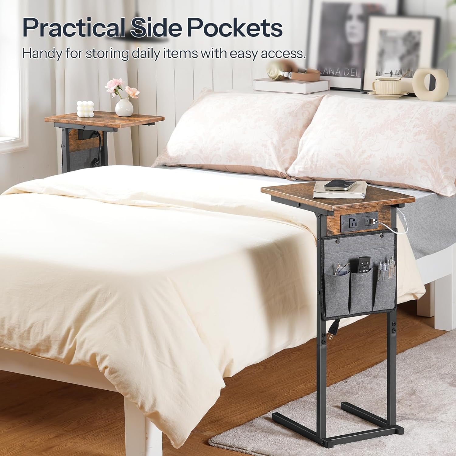 C Shaped Side Table with Charging Station, Slide under Couch Table, 27.8" Tall Side Table for Sofa Arm with Fabric Storage Pocket, for Living Room, Bedroom, Rustic Brown BF73USF01