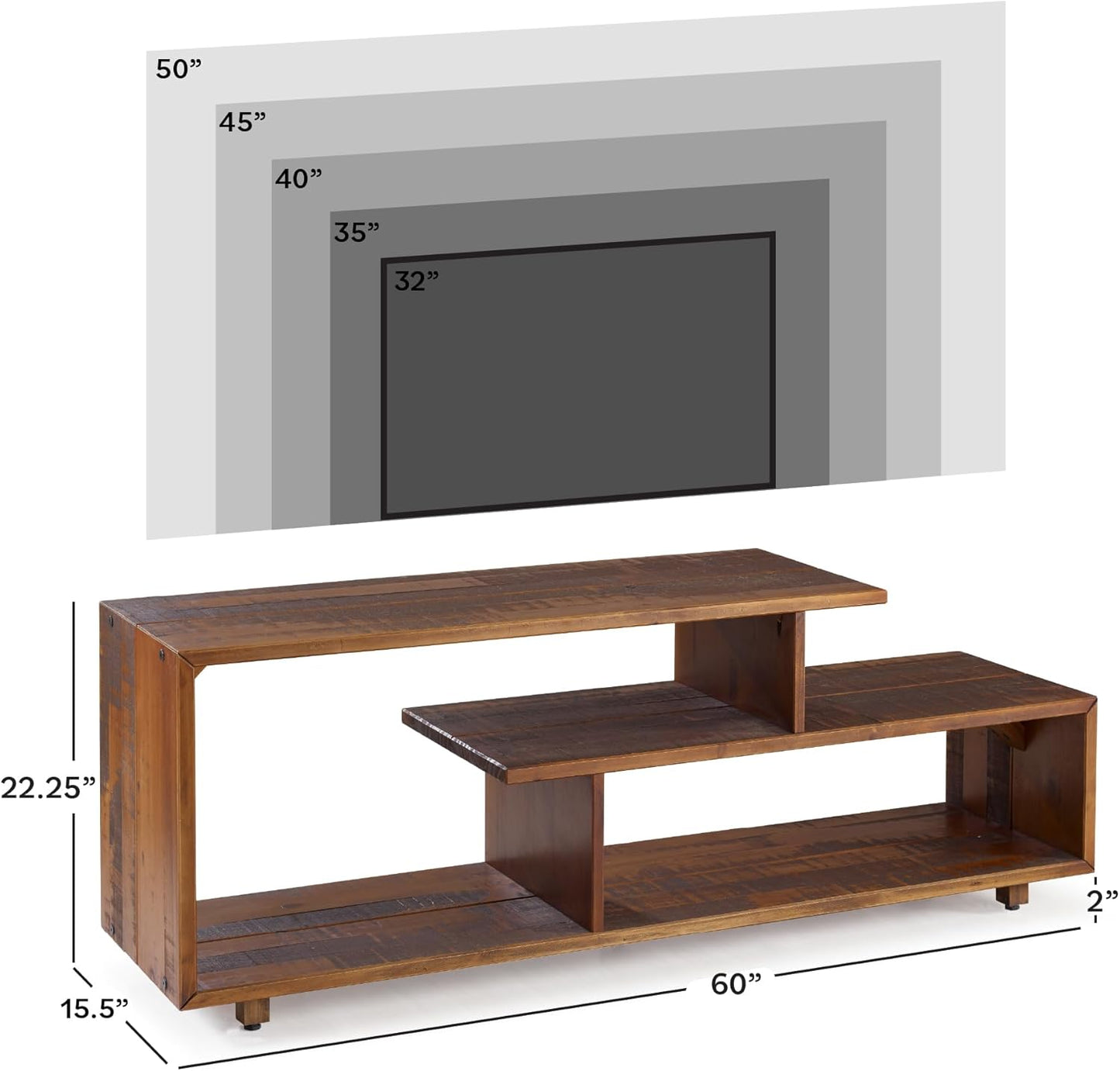 Meier Contemporary 2 Tier Asymmetrical Solid Wood TV Stand for Tvs up to 50 Inches, 60 Inch, Amber
