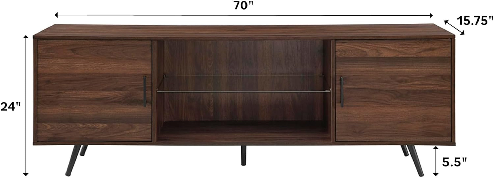Saxon Mid Century Modern 2 Door Glass Shelf TV Stand for Tvs up to 80 Inches, 70 Inch, Dark Walnut