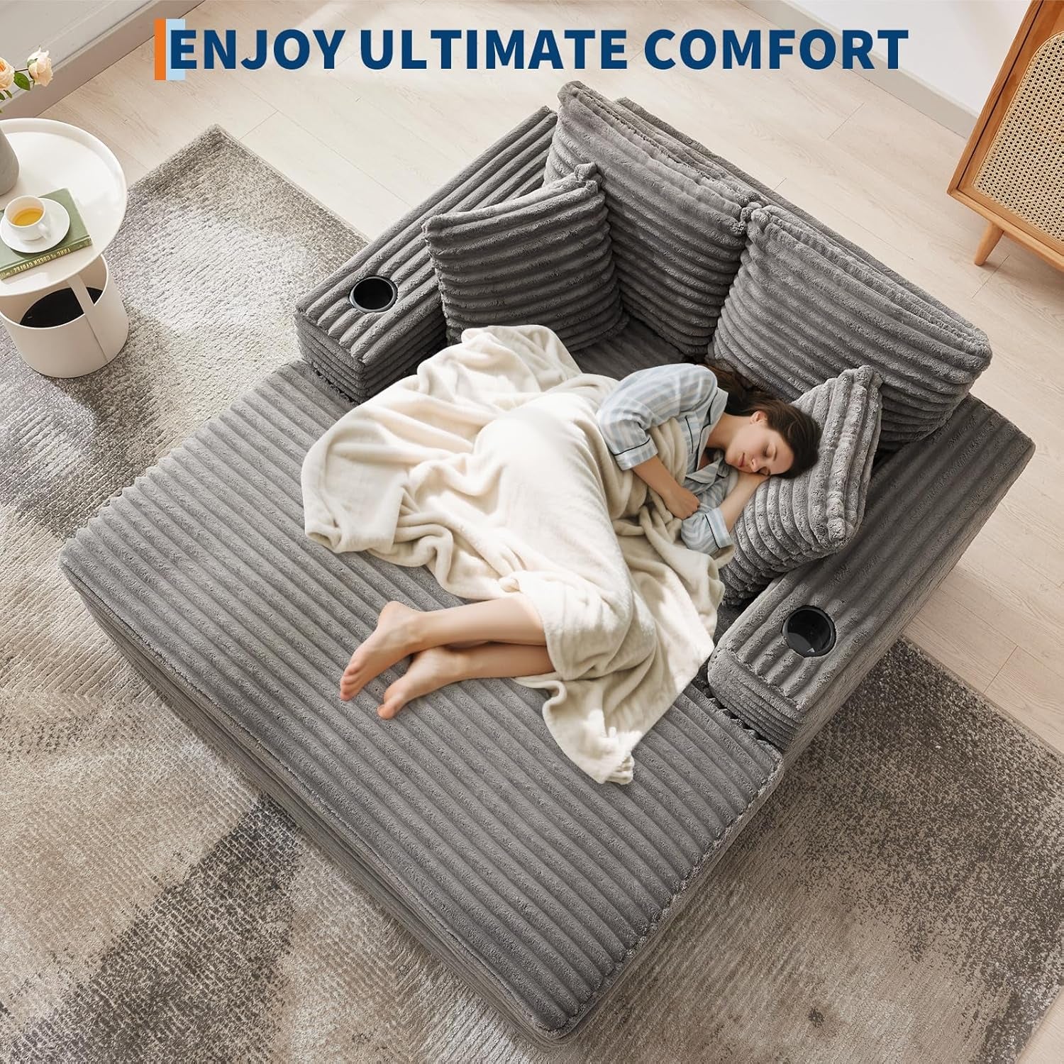 60-Inch Oversized Chaise Lounge Chair Indoor, Comfy Corduroy Lounge Sofa with Charging Station, Cup Holders & Throw Pillows, Cozy Sleeper Couch for Living Room Apartments, Grey