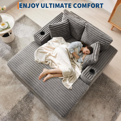 60-Inch Oversized Chaise Lounge Chair Indoor, Comfy Corduroy Lounge Sofa with Charging Station, Cup Holders & Throw Pillows, Cozy Sleeper Couch for Living Room Apartments, Grey