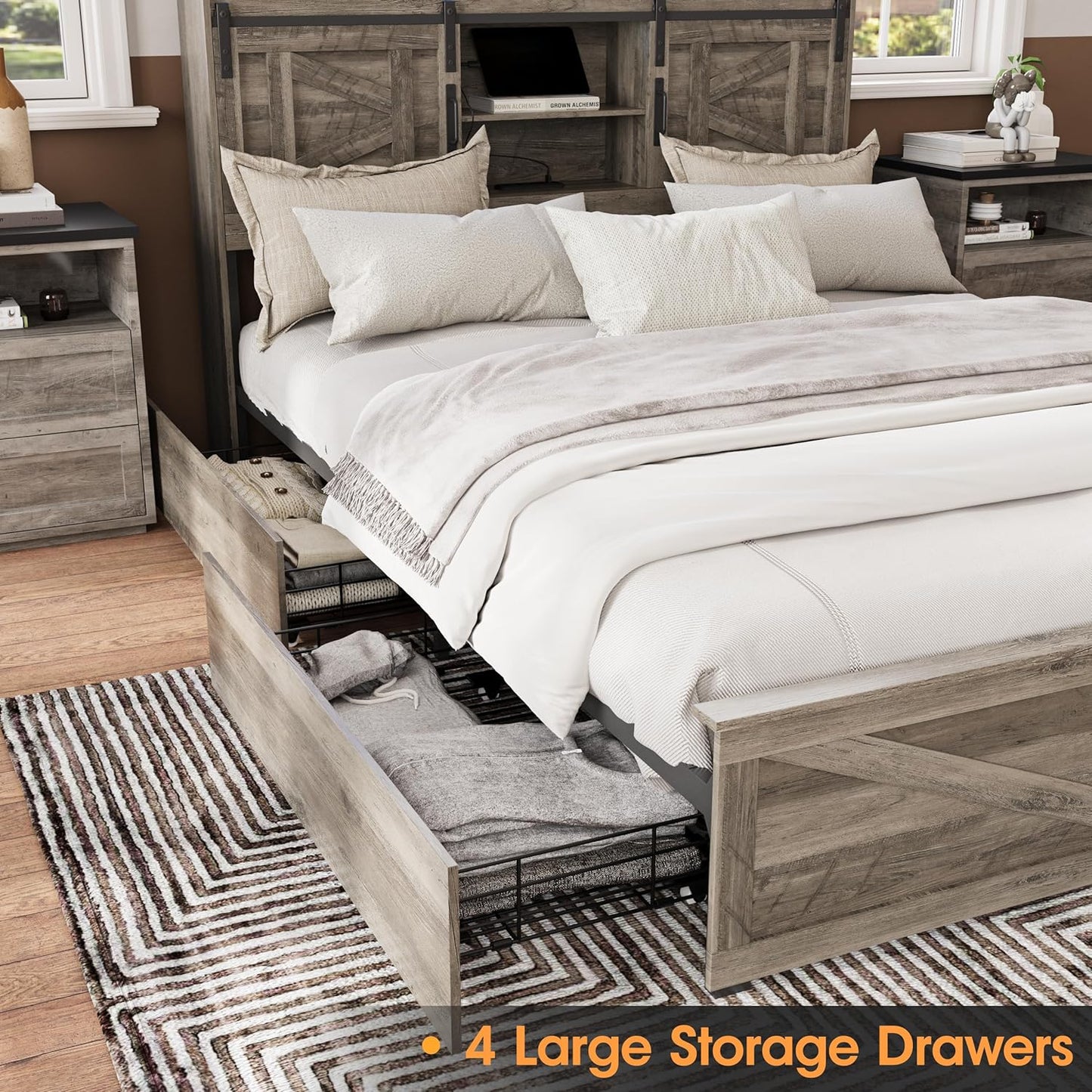 Farmhouse Queen Size Bed Frame with 4 Drawers and Bookcase Headboard, Sliding Barn Door Storage Shelves, LED Lights and Charging Station, No Box Spring Needed, Grey