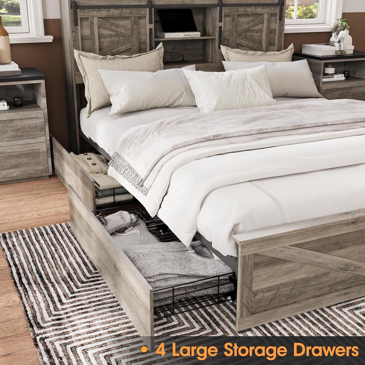 Farmhouse Queen Size Bed Frame with 4 Drawers and Bookcase Headboard, Sliding Barn Door Storage Shelves, LED Lights and Charging Station, No Box Spring Needed, Grey