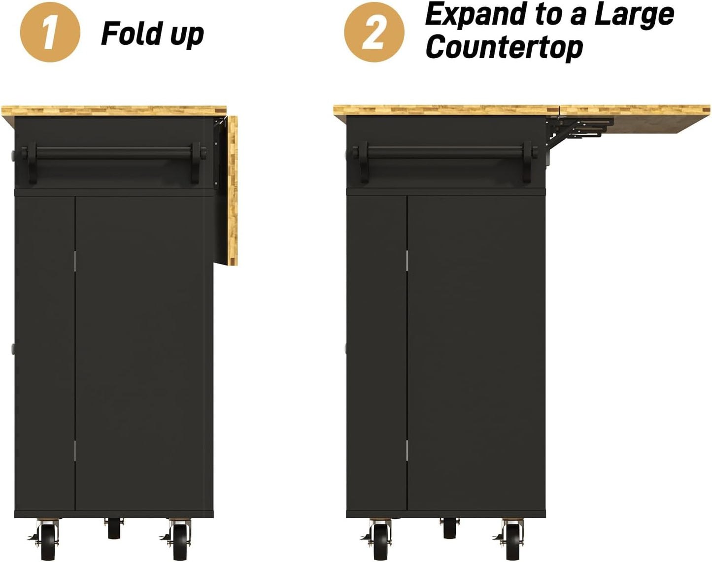 55" W Rolling Kitchen Island with Drop Leaf – Movable Kitchen Carts on Wheels Island with Storage Cabinet, Island Table for Kitchen with Rubber Wood Top and Rack and Drawer, Matte, Black