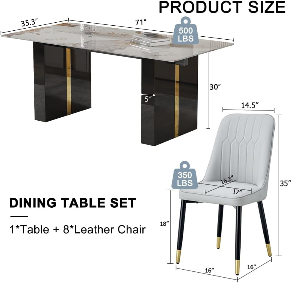 71'' Modern Dining Table Set for 8，Kitchen Table Set for 8, Dining Faux Marble Table Set for 8 with PU Leather Chairs for Kitchen, Dining, Bar, Living Room