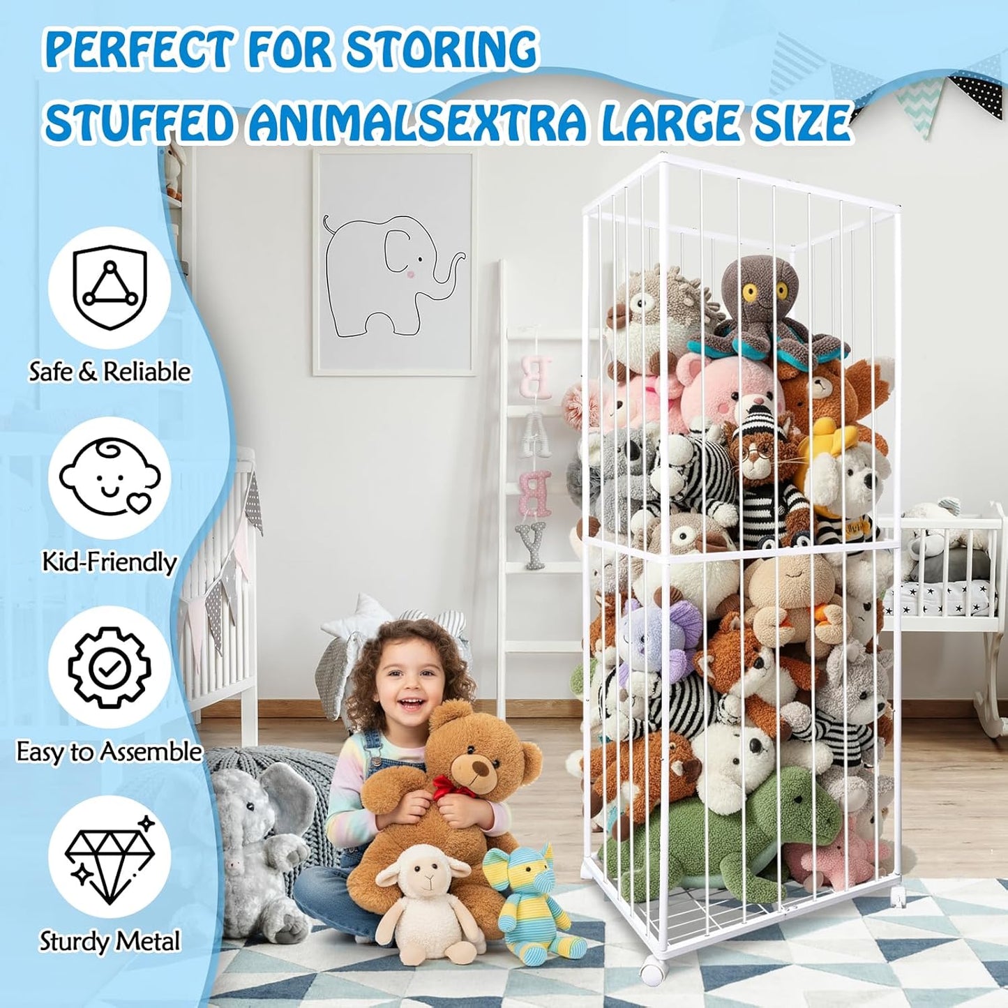 Stuffed Animal Storage, Metal Tube Extra Large Toy Storage Organizer with Brake Wheels, Stuffed Animal Holder Zoo Organizer for Nursery Playroom Kids Room White(61” X 23.6”X 16.5”)