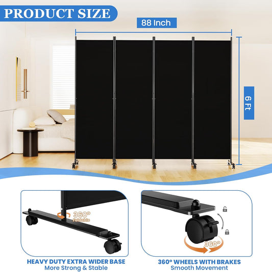Room Divider 6FT Folding Privacy Screens with Lockable Wheels, 4 Panel Room Partition for Room Separator, 88" W Freestanding Portable Fabric Wall Dividers for Home Dorm Studio Office, Black