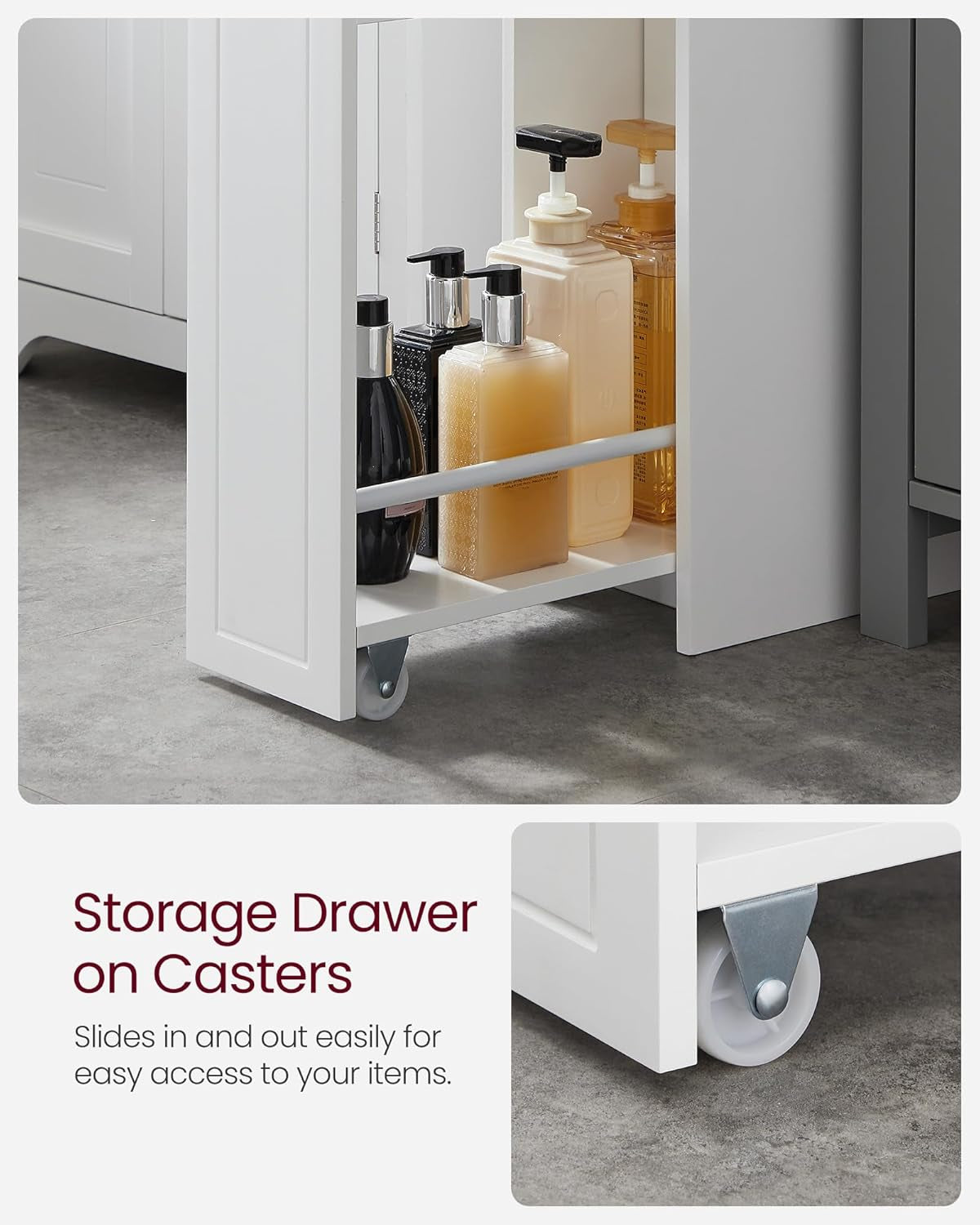 Small Bathroom Storage Cabinet, Slim Organizer with Slide Out Drawers, Toilet Paper Holder, for Small Spaces, White UBBC847P31