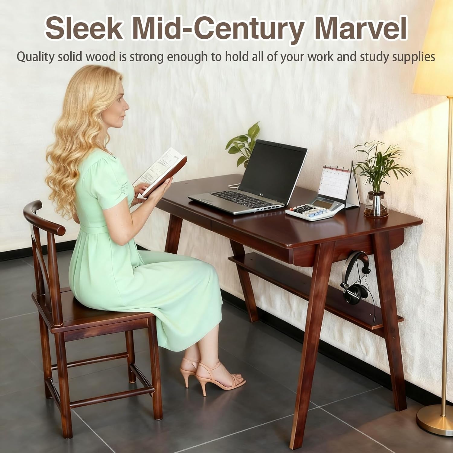 Mid-Century Modern 100% Solid Wood Writing Desk, 39" Rubberwood Home Office Computer Table & Workstation Desk with 2 Drawers, Lower Shelf & Side Hooks, 350 Lbs Load, Laptop Desk