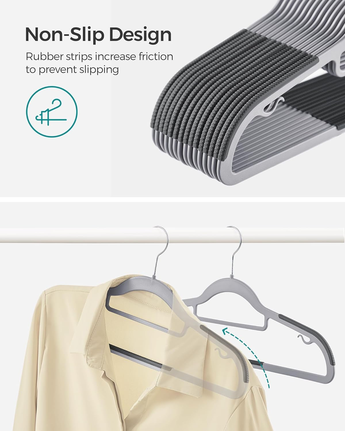 Pack of 50 Coat Hangers, Space-Saving Plastic Clothes Hangers, Non-Slip, 0.2 Inches Slim, 16.5 Inches Wide, 360° Swivel Silver Hook, Light Gray and Dark Gray UCRP20G50