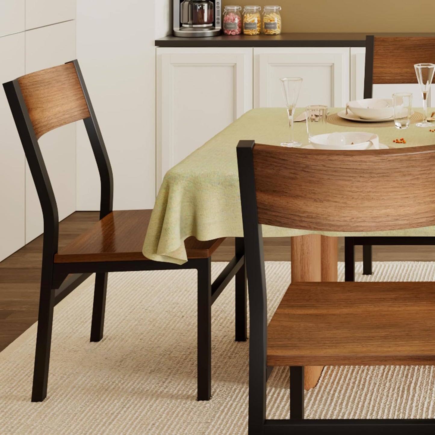 Dining Chairs Set of 6, Modern Kitchen Chairs with Ergonomic Backrest, MDF Board and Metal Legs, Dinner Chairs for Dining Room, Kitchen and Living Room, Walnut