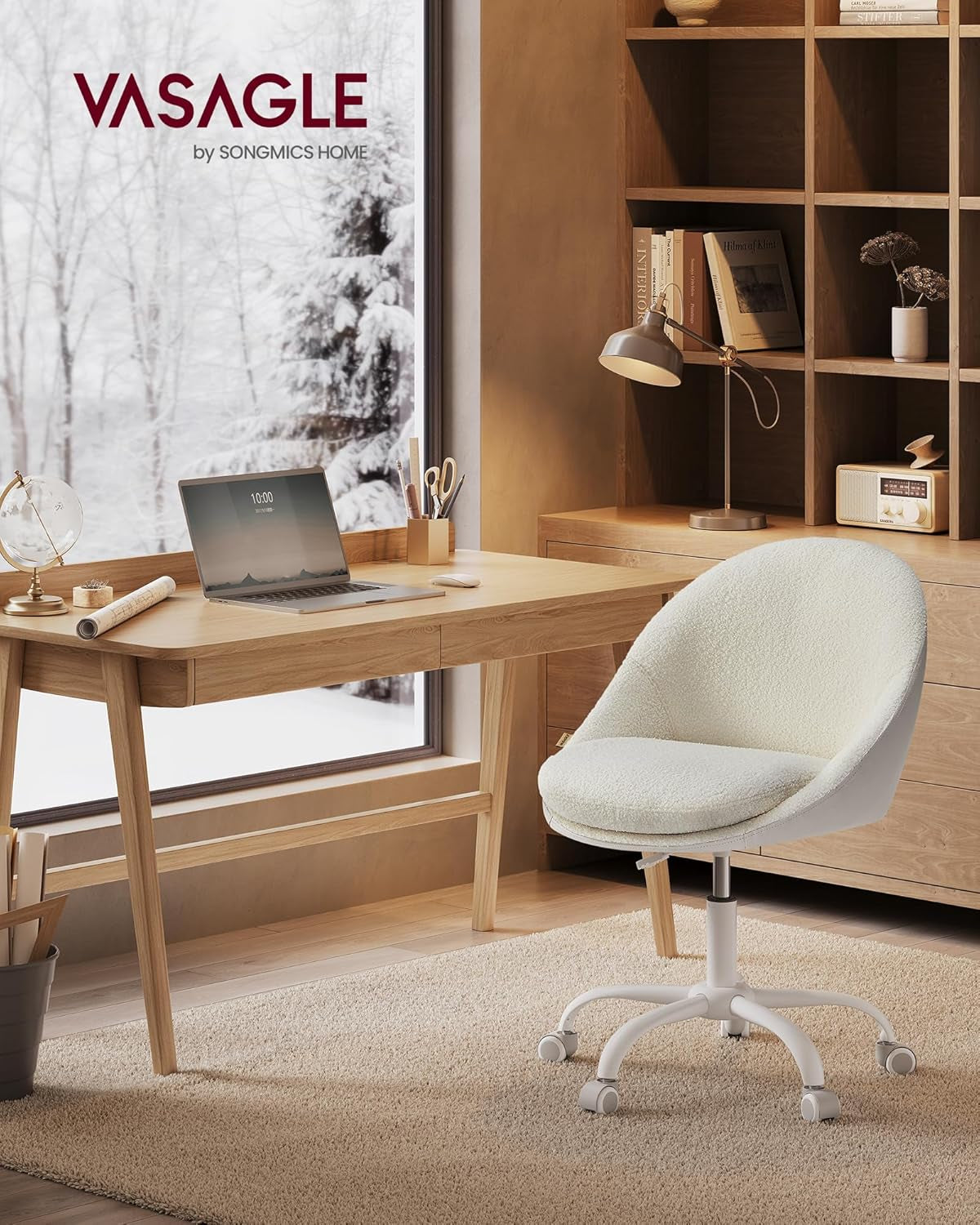 Vanity Chair with Back, Adjustable Swivel Cute Desk Chair with Wheels, Sherpa and PU Leather for Lumbar Support, Compact for Small Spaces, Bedroom, Cappuccino Beige and Cloud White UOBG020W91