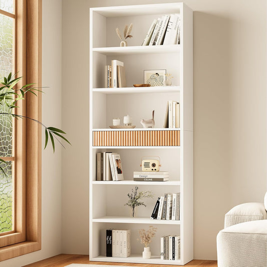 72" Tall Bookshelf with Storage, 7-Tier Bookcase Fluted with Drawer, Display Book Shelf Book Organizer with Anti-Tip Device, Home Decor Wood Furniture for Bedroom, Living Room and Office, White