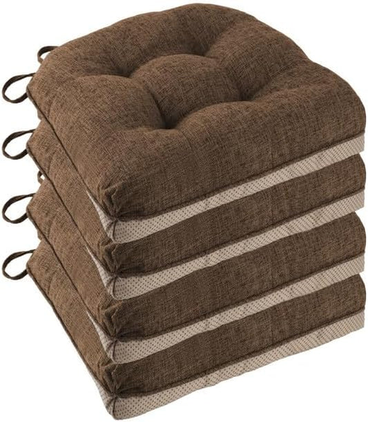 Non Slip Chair Cushions for Dining Chairs Set of 4 Kitchen Chair Cushions 18"X18"X3" Turfted Chair Pads Comfortable and Soft Seat Cushion with Ties, Coffee
