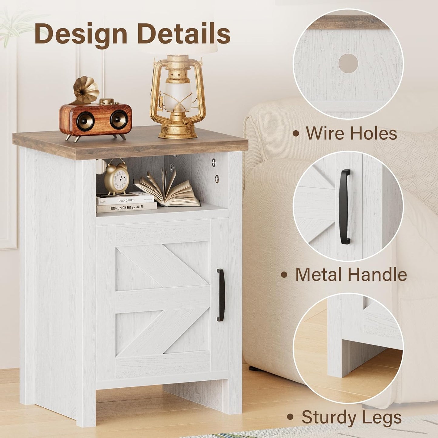 Farmhouse Nightstand, Modern Bedside Table with Barn Door and Shelf, Rustic End Table Side Table for Bedroom, Living Room (2, White)