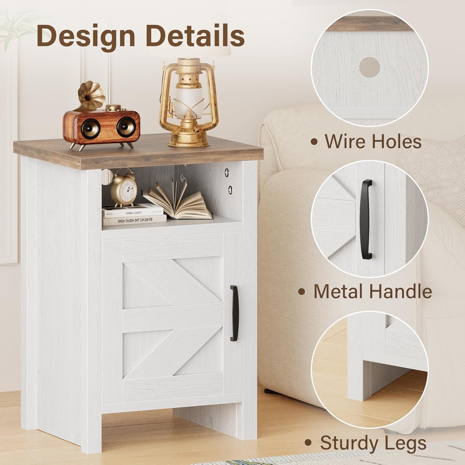 Farmhouse Nightstand, Modern Bedside Table with Barn Door and Shelf, Rustic End Table Side Table for Bedroom, Living Room (2, White)