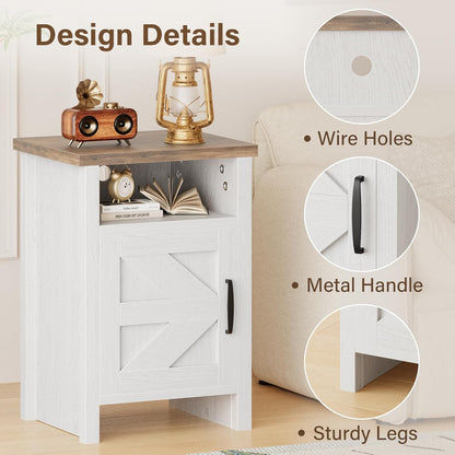 Farmhouse Nightstand, Modern Bedside Table with Barn Door and Shelf, Rustic End Table Side Table for Bedroom, Living Room (2, White)