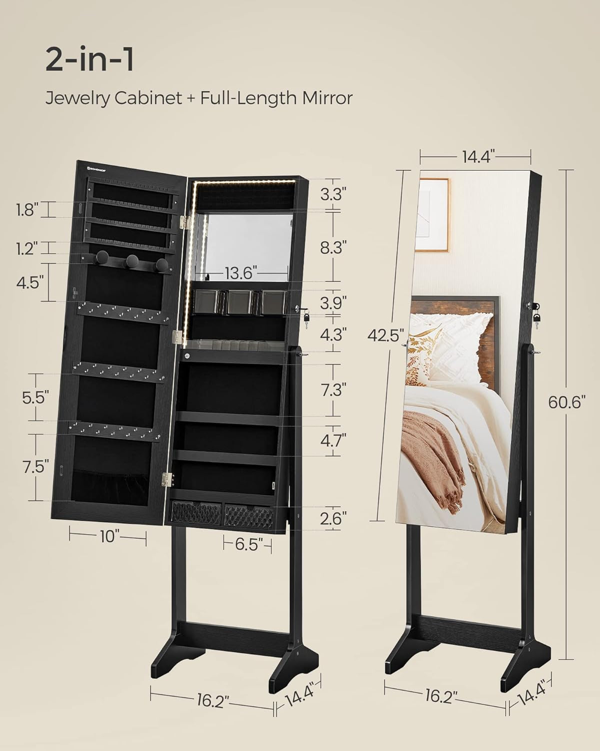 Mirror Jewelry Cabinet Standing Armoire Organizer, Jewelry Storage with Full-Length Frameless LED Lights, Built-In Makeup Mirror, 2 Drawers, Lockable, Black UJJC023B01