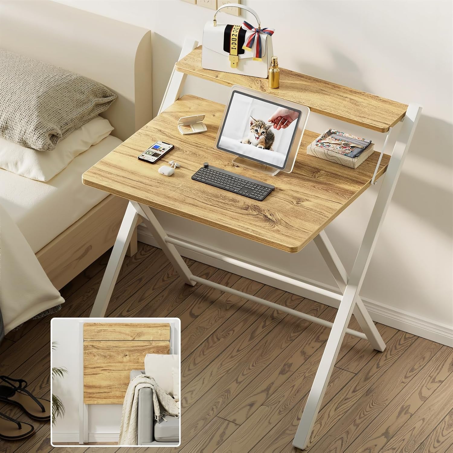Portable Small Desk No Assembly, 2-Tier Compact Computer Desk with Shelf, Space Saving Foldable Table for Home Office, Bedroom or Apartment, Portable Collapsible Sturdy Laptop Desk, Oak
