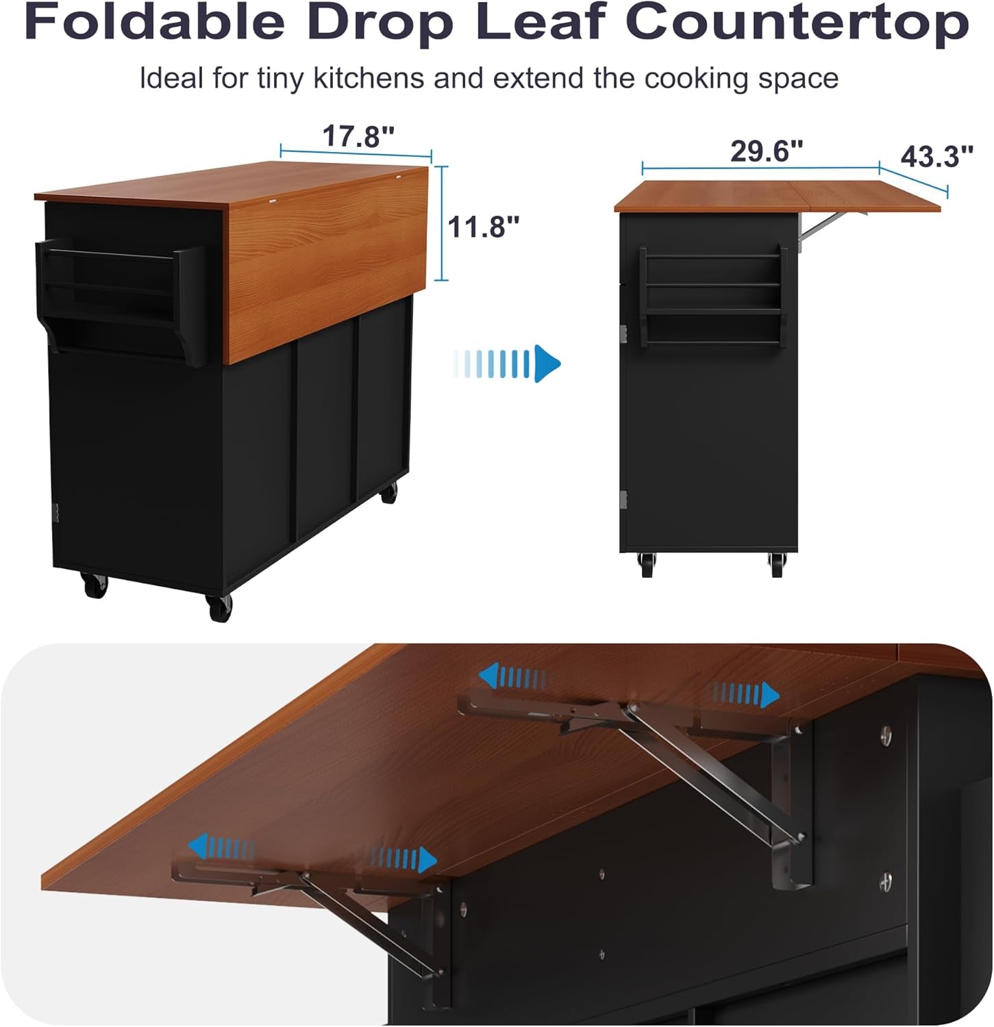 Kitchen Island on Wheels, Rolling Kitchen Island Cart with Drop Leaf and 2 Drawers, Mobile Kitchen Table Storage Cabinet with Tower Rack and Spice Rack for Dining Room, Kitchen, Black