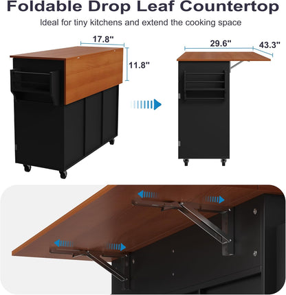 Kitchen Island on Wheels, Rolling Kitchen Island Cart with Drop Leaf and 2 Drawers, Mobile Kitchen Table Storage Cabinet with Tower Rack and Spice Rack for Dining Room, Kitchen, Black