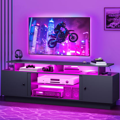 Modern TV Stand for 65/75 Inch Tvs, Entertainment Center with LED Lights, TV Shelf with Storage Cabinets & Movable Partition, TV Console for Living Room, Black