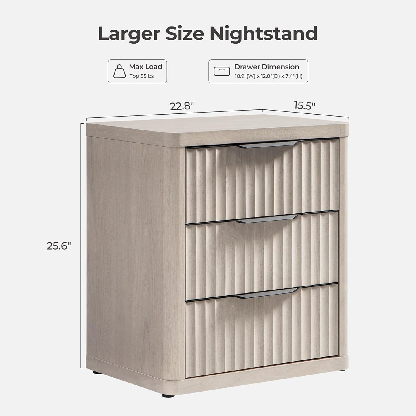 Night Stand Set of 2 Nightstands with 3 Drawers Storage Bedside Table Large Fluted Bed Side End Table Modern 25.6" Tall Wide Night Stands for Bedroom Living Room Sofa Couch Office, White Alder