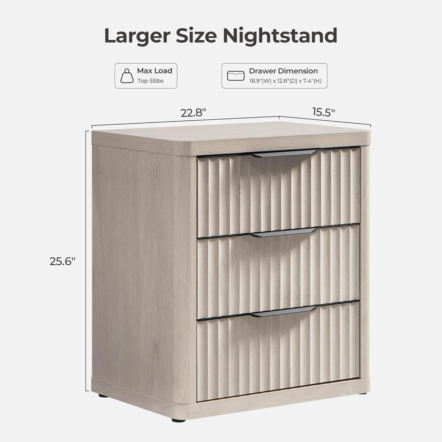 Night Stand Set of 2 Nightstands with 3 Drawers Storage Bedside Table Large Fluted Bed Side End Table Modern 25.6" Tall Wide Night Stands for Bedroom Living Room Sofa Couch Office, White Alder